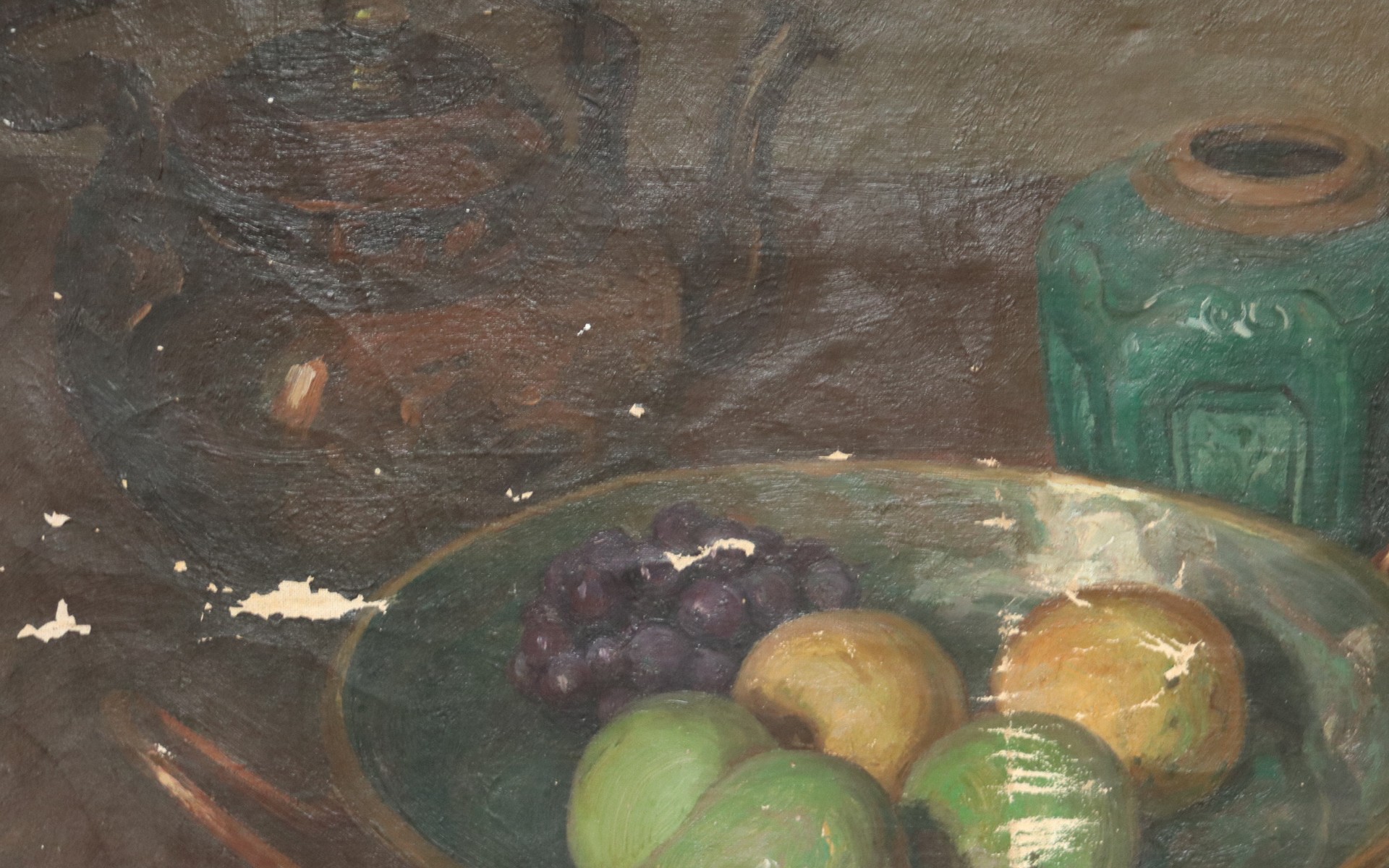 Stilleven gemberpot fruitschaal olieverf – hoofdfoto