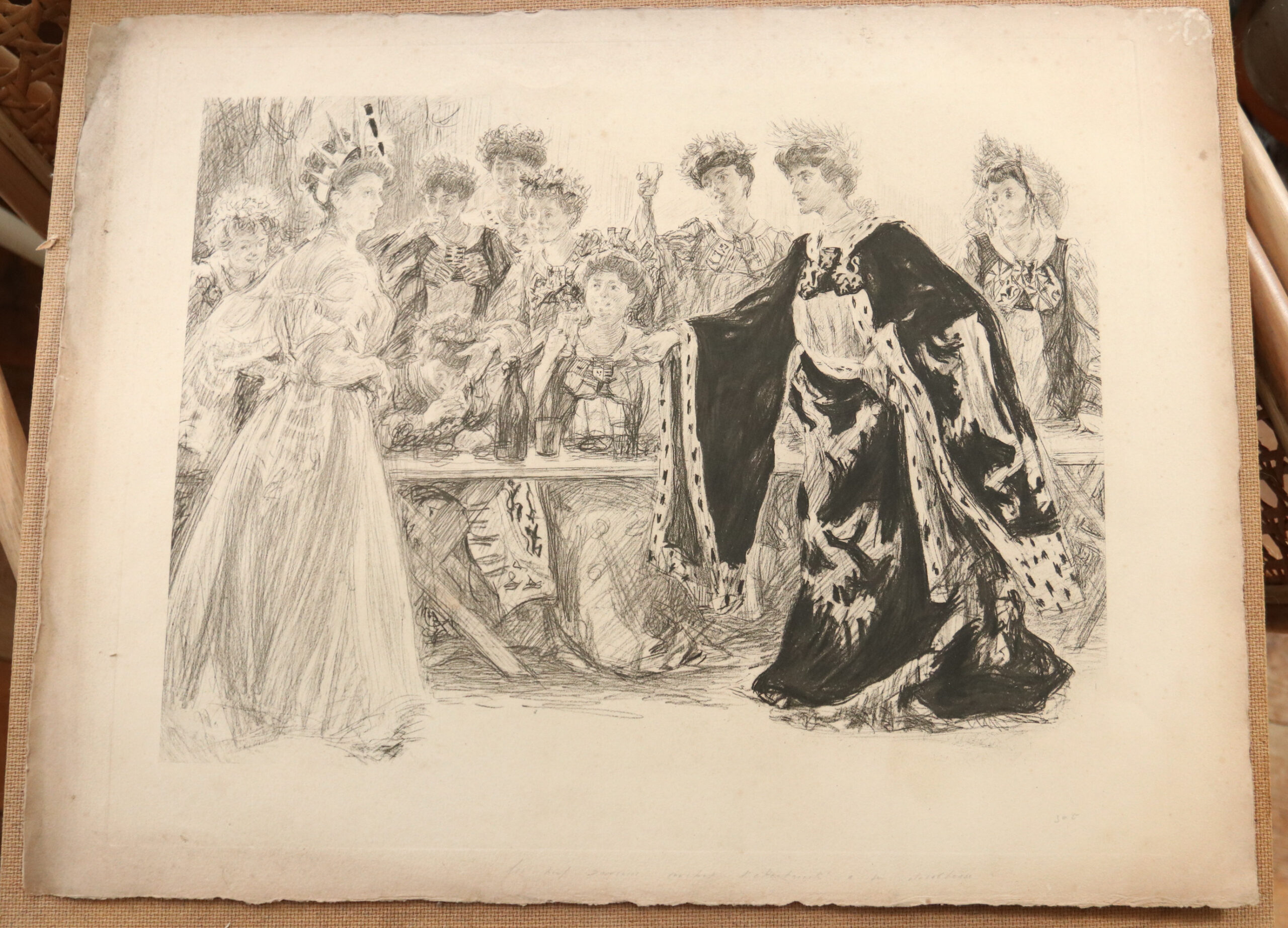 Prent hofdames aan een feestmaal, diepdruk ca. 1900 – foto 1