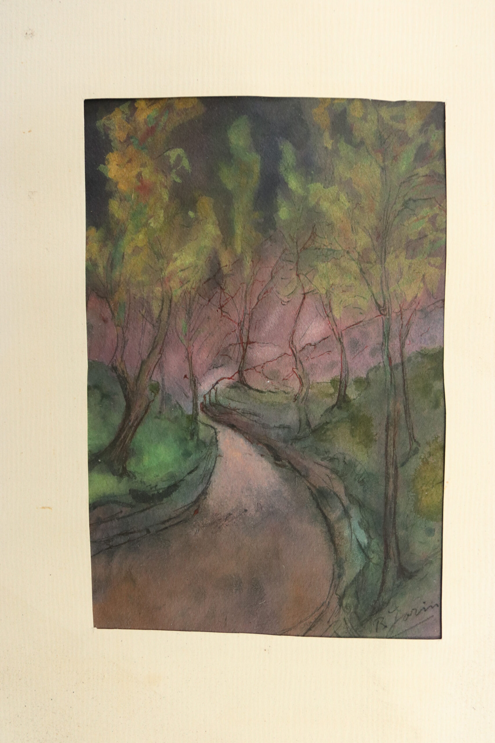 Aquarel Schemering bospad met bomen, gesigneerd B. Jorin – foto 1