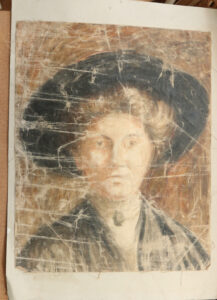 Antiek portret vrouw met grote hoed, olieverf op doek ca. 1910 – foto 1