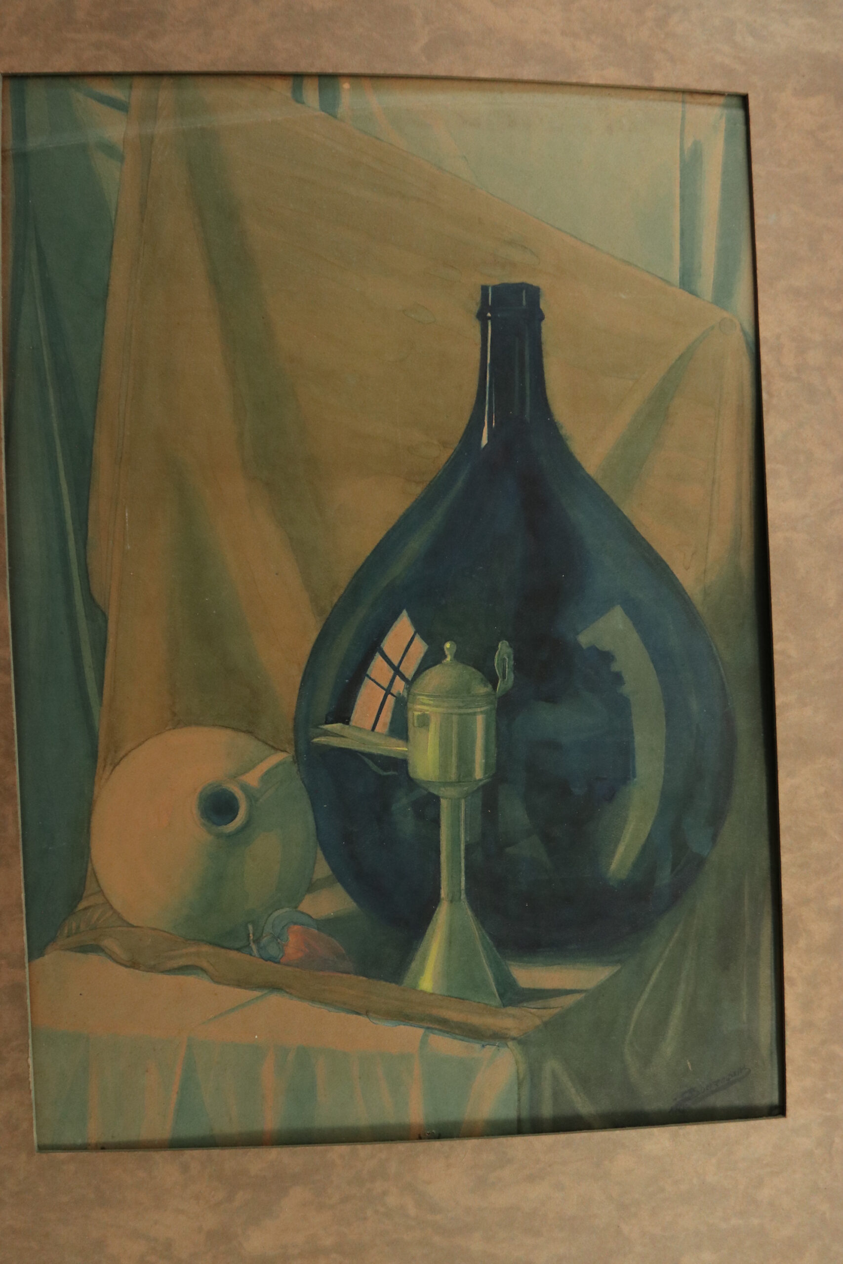 J.J. Boerendans stilleven groene fles kruik olielamp aquarel – foto 1