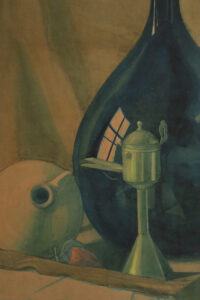 J.J. Boerendans stilleven groene fles kruik olielamp aquarel – foto 2