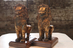Paar tafellampen vergulde bronzen Singha-leeuwen Thailand – foto 6