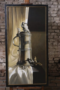 Stilleven met tinnen Schleifkan van het Pottenbakkersgilde – Marjolein van den Berg, acryl op doek – foto 1