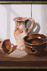 Stilleven met kan en komfoor (bodemvondsten) – Marjolein van den Berg, acryl op doek – foto 3