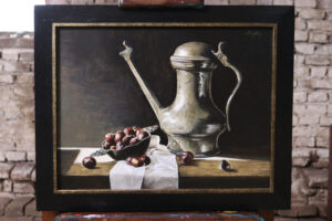 Stilleven met 17e-eeuwse Jan Steen-kan en kastanjes – Marjolein van den Berg, acryl op doek – foto 1
