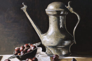 Stilleven met 17e-eeuwse Jan Steen-kan en kastanjes – Marjolein van den Berg, acryl op doek – foto 3