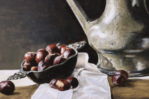 Stilleven met 17e-eeuwse Jan Steen-kan en kastanjes – Marjolein van den Berg, acryl op doek – foto 4