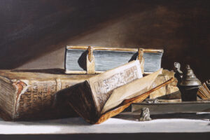 Stilleven met tinnen inktstel en oude boeken – Marjolein van den Berg, acryl op doek – foto 3