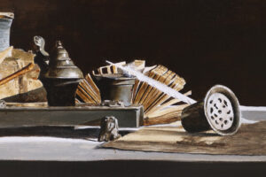 Stilleven met tinnen inktstel en oude boeken – Marjolein van den Berg, acryl op doek – foto 4