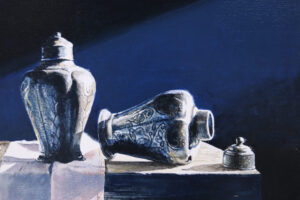 Stilleven met drie tinnen theebusjes – Marjolein van den Berg, acryl op doek – foto 3