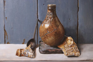 Stilleven met baardmannetje en tinnen lepel – Marjolein van den Berg, acryl op doek – foto 3