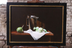 Stilleven met tinnen kan en appeltjes – Marjolein van den Berg, acryl op doek – foto 1