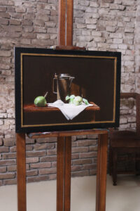 Stilleven met tinnen kan en appeltjes – Marjolein van den Berg, acryl op doek – foto 2