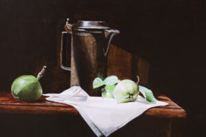 Stilleven met tinnen kan en appeltjes – Marjolein van den Berg, acryl op doek – foto 3