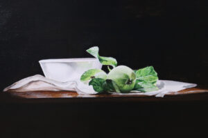 Stilleven met appeltjes en witte kom – Marjolein van den Berg, acryl op doek – foto 3