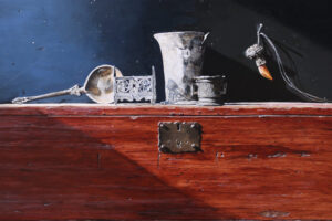 Stilleven met tinnen bodemvondsten op een kist – Marjolein van den Berg, acryl op doek – foto 3
