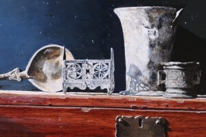 Stilleven met tinnen bodemvondsten op een kist – Marjolein van den Berg, acryl op doek – foto 4