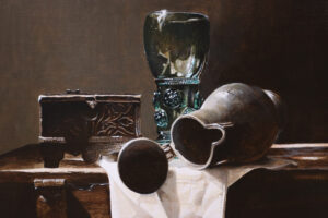 Stilleven met roemer en kistje (bodemvondst) – Marjolein van den Berg, acryl op doek – foto 3