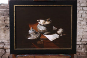 Stilleven met tinnen pot en knoflook – Marjolein van den Berg, acryl op doek – foto 1
