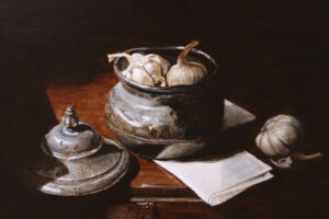 Stilleven met tinnen pot en knoflook – Marjolein van den Berg, acryl op doek – foto 3
