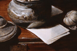 Stilleven met tinnen pot en knoflook – Marjolein van den Berg, acryl op doek – foto 4