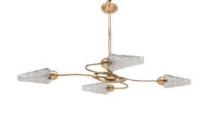 Vintage messing hanglamp met vier glazen kappen, Franse stijl jaren 50 – foto 1