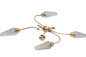 Vintage messing hanglamp met vier glazen kappen, Franse stijl jaren 50 – foto 2