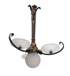 Franse art deco hanglamp smeedijzer vergulde bloemen geperst glas – foto 8
