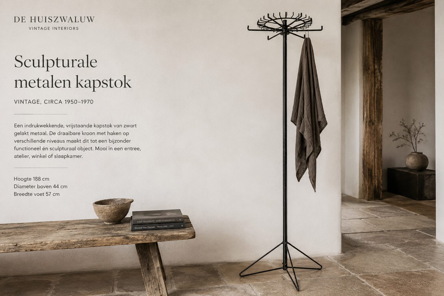 Sculpturale vintage metalen kapstok met draaibare kroon