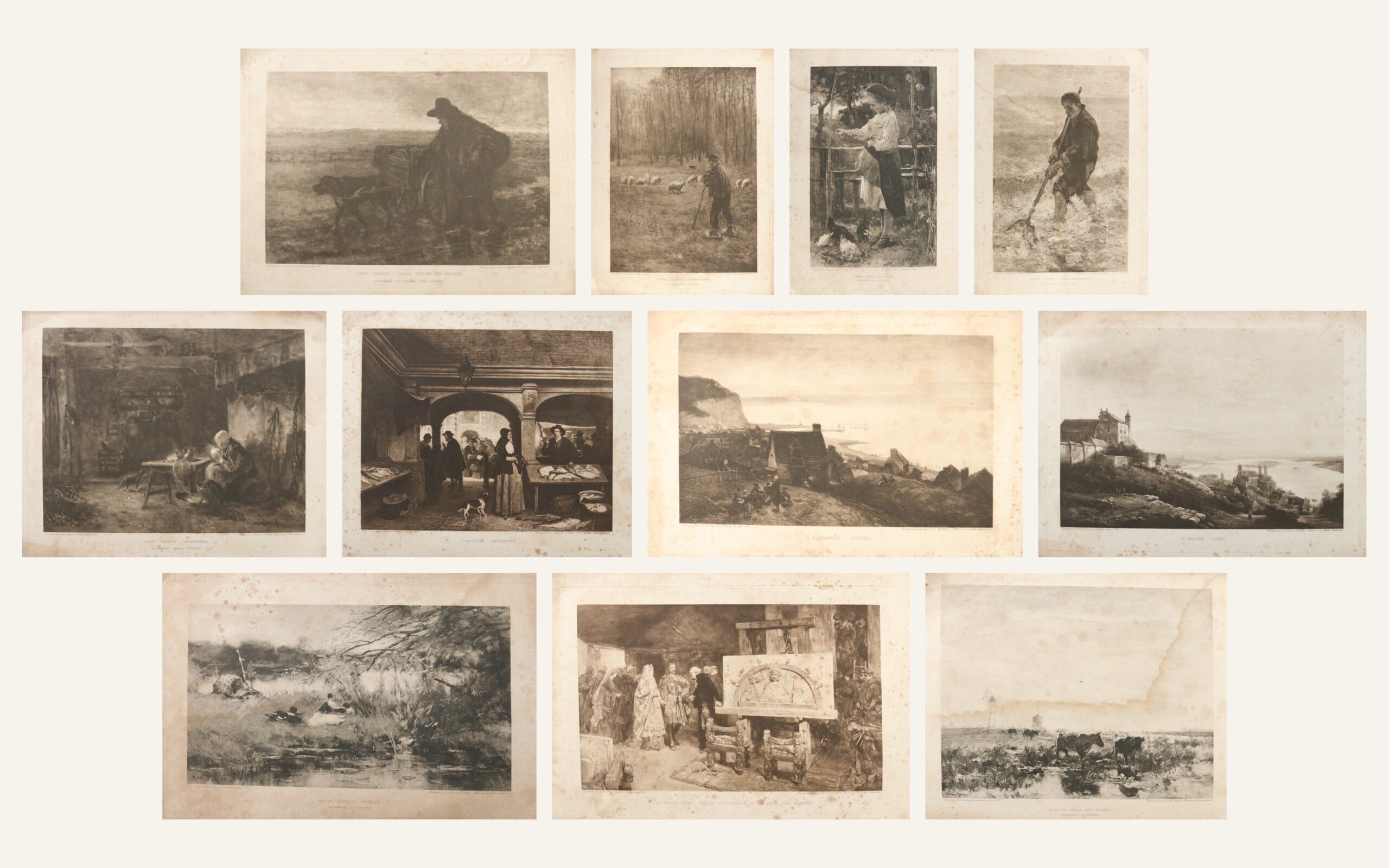 Set fotogravures Haagse School wabi sabi prenten sepia – foto 1