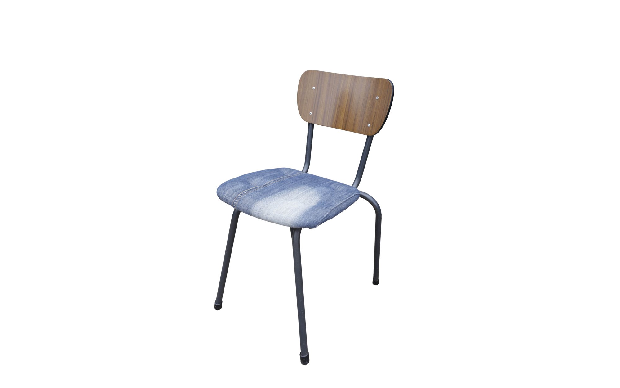 Vintage schoolstoel met denim zitting en houten rugleuning